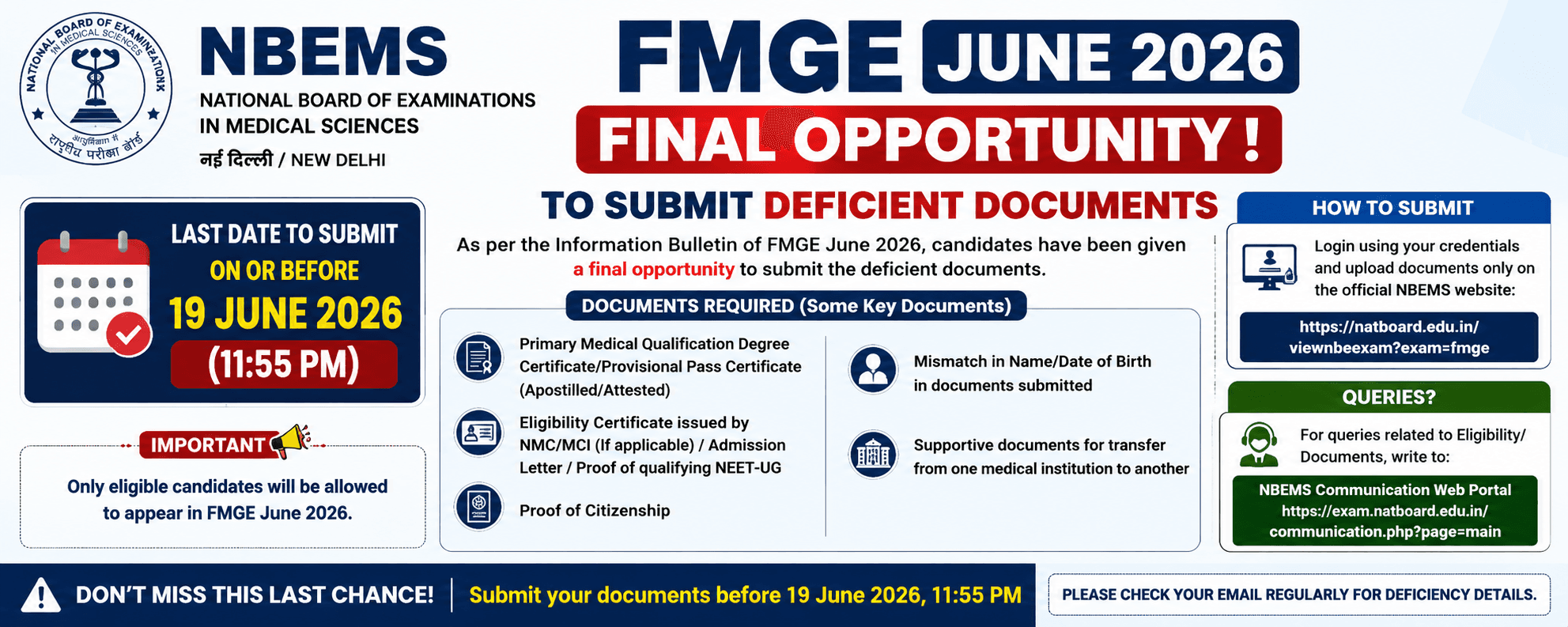 FMGE June 2026: Final Opportunity to Submit Deficient Documents by 19 June 2026