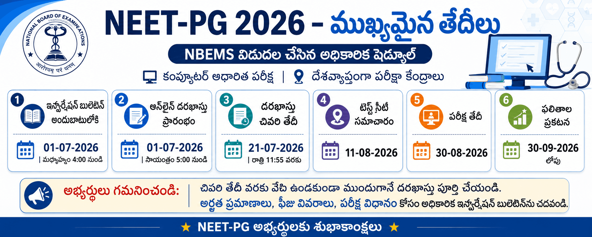 NEET-PG 2026 పరీక్ష తేదీ విడుదల – దరఖాస్తు తేదీలు, పరీక్ష తేదీ మరియు ఫలితాల వివరాలు